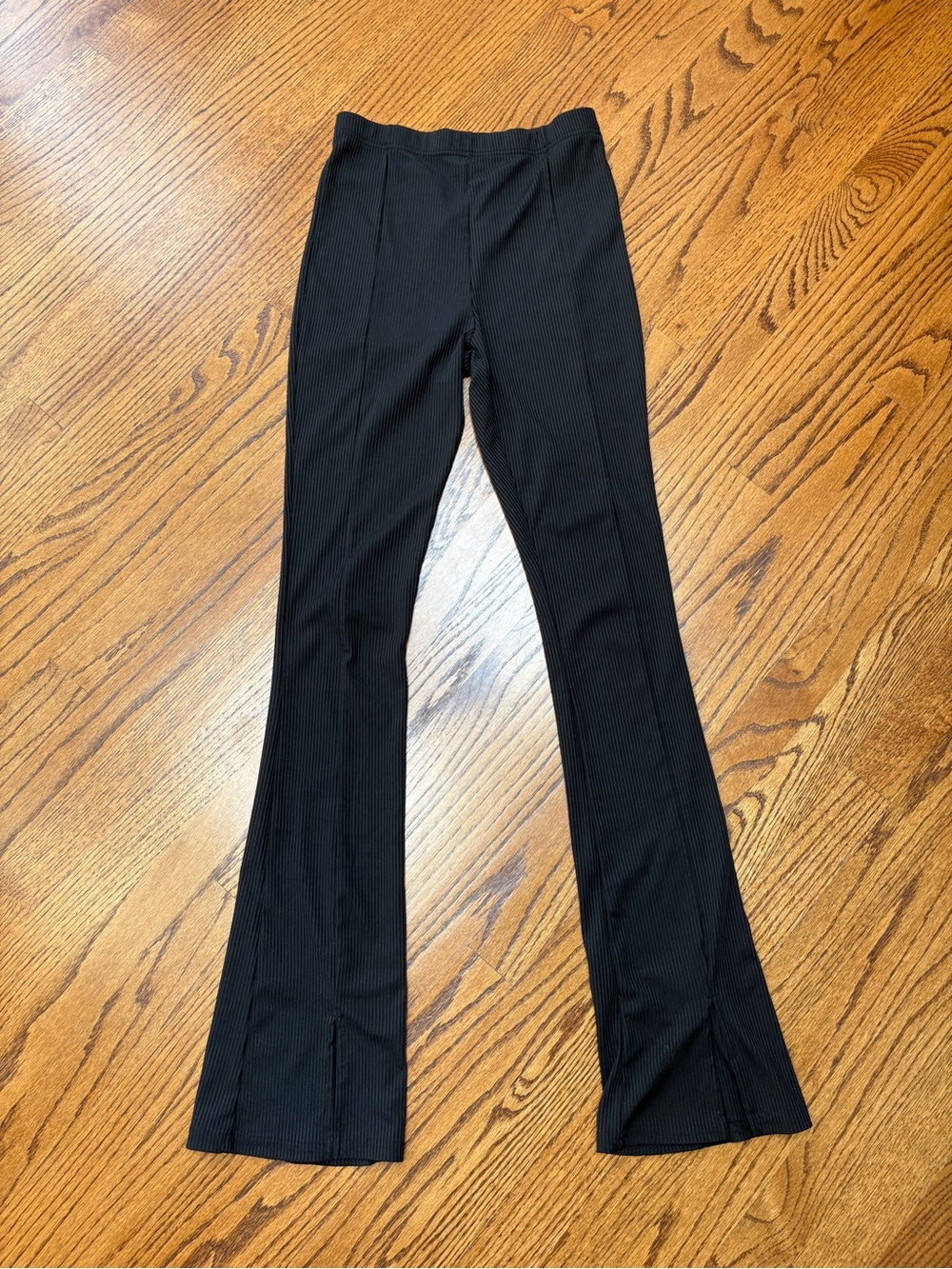 Topshop Black Ribbed Flare Stetchy Pants with Center Seams and Split Hem